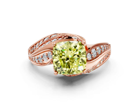 Rose gold Fancy Yellow Cushion Cut Diamond Solitaire Ring with Prong Setting and Twisted Pavé Band