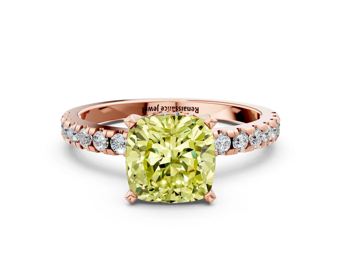 Rose gold Fancy Yellow Cushion Cut Diamond Solitaire Ring with Round  Pavé Band and Four-Prong Setting_36