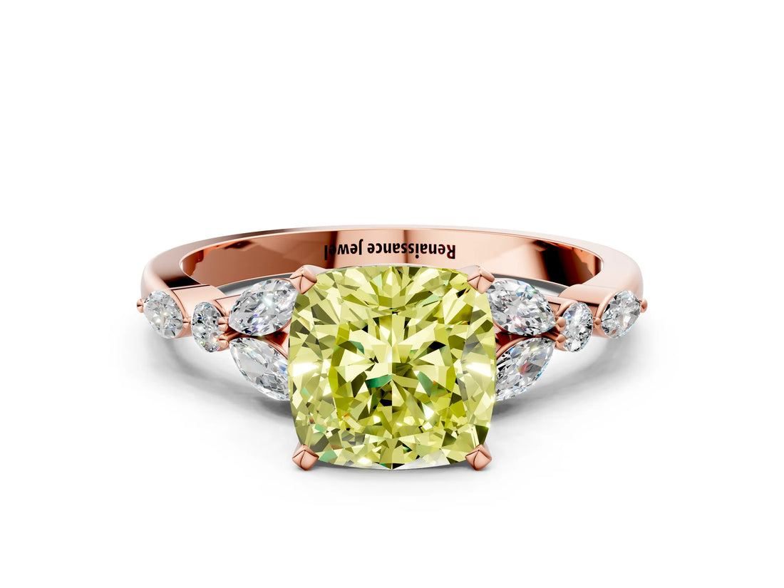 Rose gold Fancy Yellow Cushion Cut Diamond Solitaire Ring with Side Stones and Four-Prong Setting_51