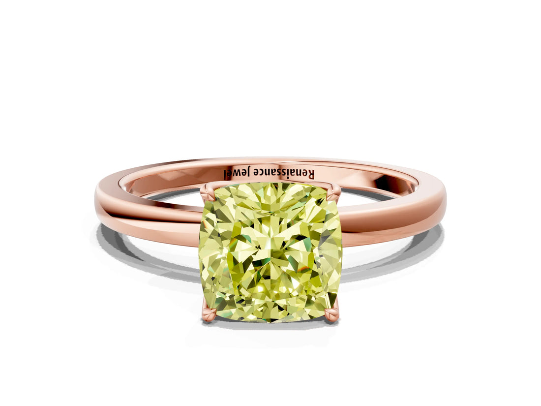 Rose gold Fancy Yellow Cushion Cut Diamond Solitaire Ring with Thin Band and Prong Setting_12