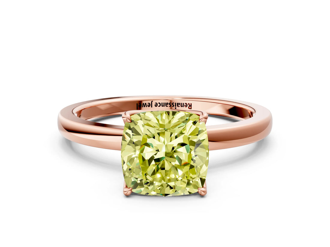 Rose gold Fancy Yellow Cushion Cut Diamond Solitaire Ring with Thin Band and Prong Setting_24