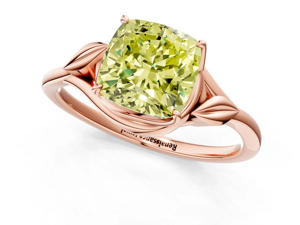 Rose gold Fancy Yellow Cushion Cut Diamond Solitaire Ring with Twist Band and Four-Prong Setting