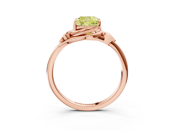 Rose gold Fancy Yellow Cushion Cut Diamond Solitaire Ring with Twist Band and Four-Prong Setting