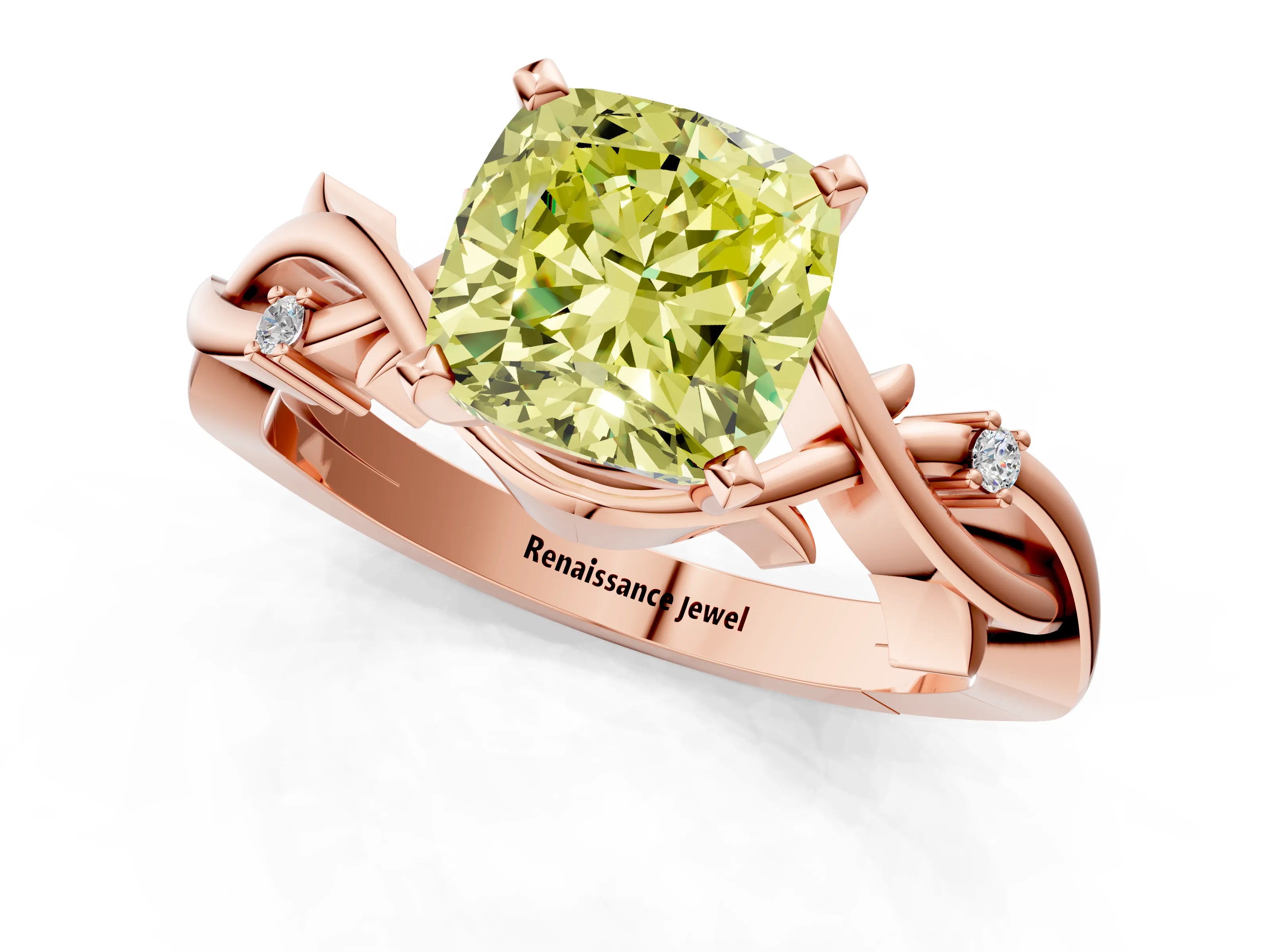 Rose gold Fancy Yellow Cushion Cut Diamond Solitaire Ring with Twisted Band and Prong Setting_196