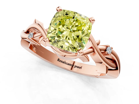 Rose gold Fancy Yellow Cushion Cut Diamond Solitaire Ring with Twisted Band and Prong Setting_196