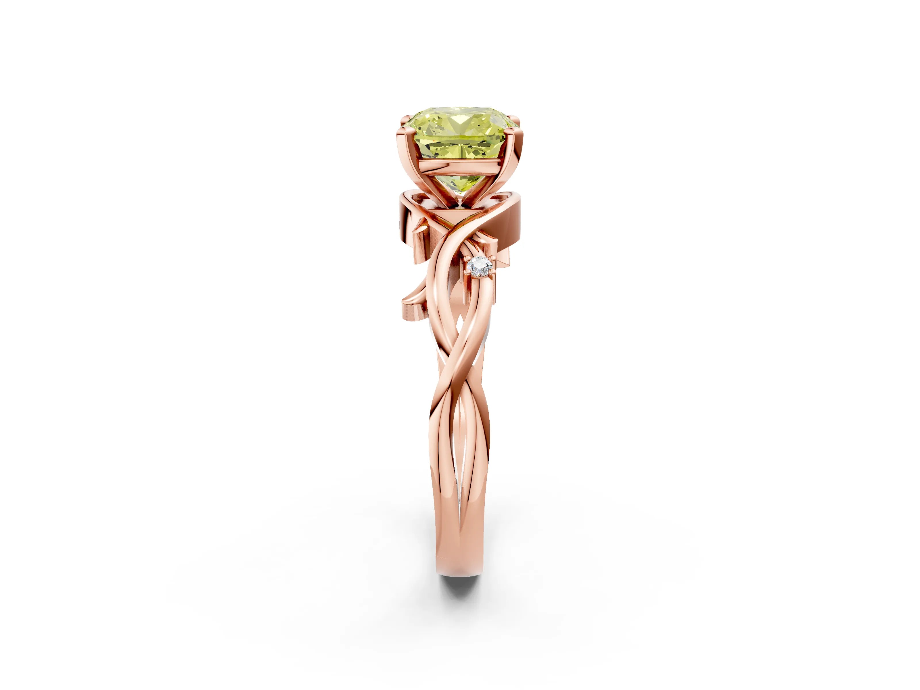 Rose gold Fancy Yellow Cushion Cut Diamond Solitaire Ring with Twisted Band and Prong Setting_197
