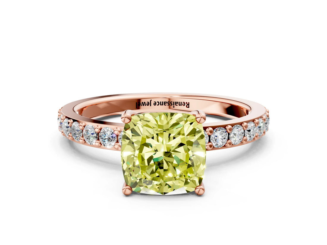 Rose gold Fancy Yellow Cushion  Cut Diamond Solitaire with Pave Band and Four-Prong Setting