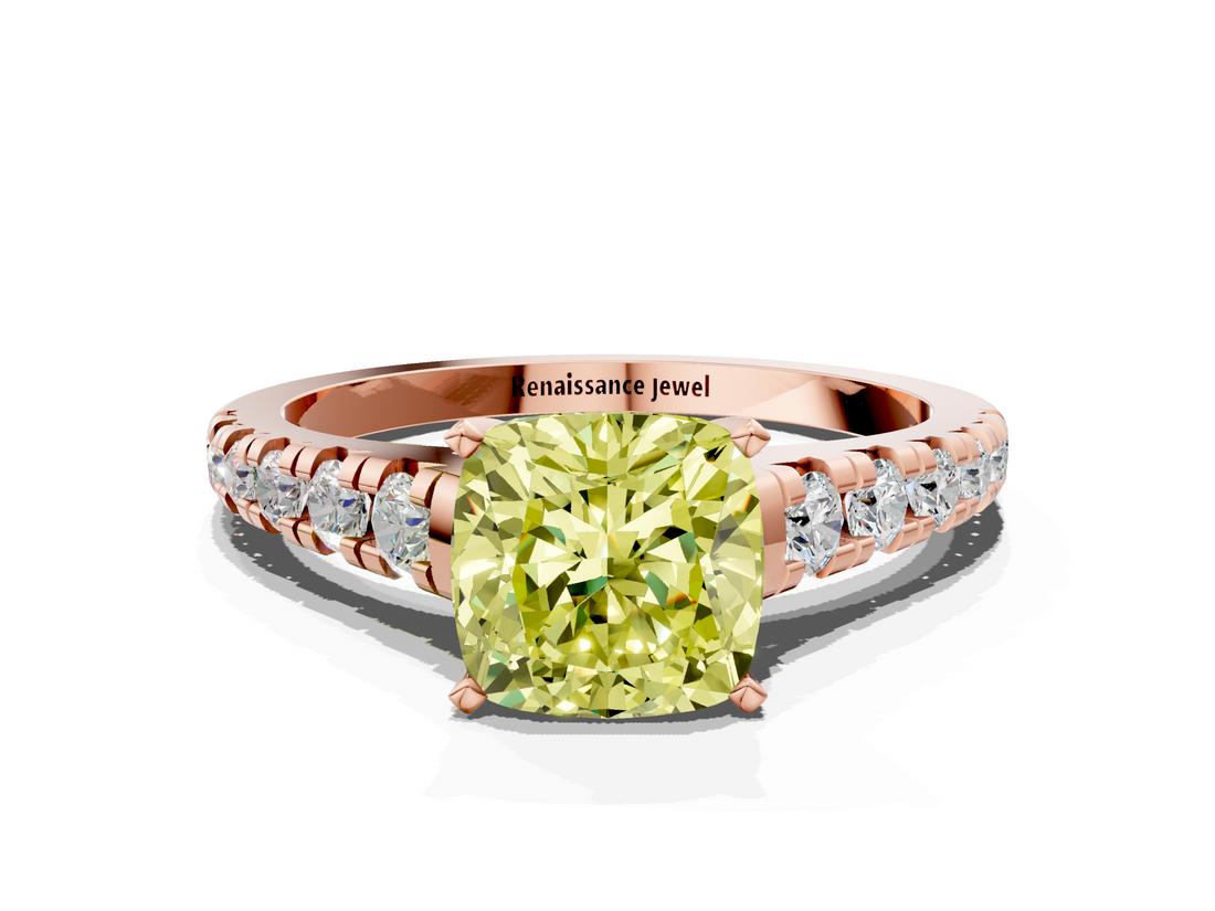 Rose gold Fancy Yellow Cushion  Cut Diamond Solitaire with Pave Band and Four-Prong Setting_174
