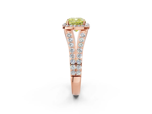 Rose Gold Cushion Cut Halo Engagement Ring Setting for Fancy Yellow Center with Narrow Pave Split Shank