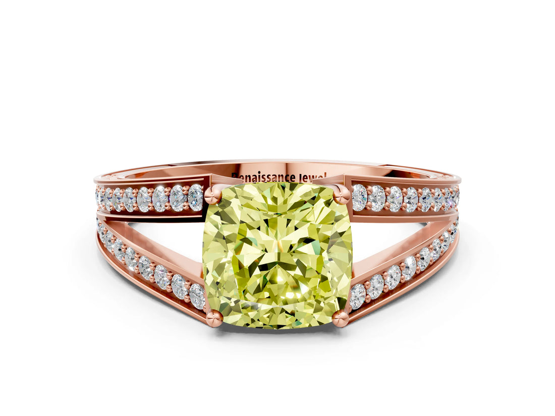 Rose gold Fancy Yellow Cushion Cut Diamond Split Shank Ring with Pavé Band and Four-Prong Setting_43