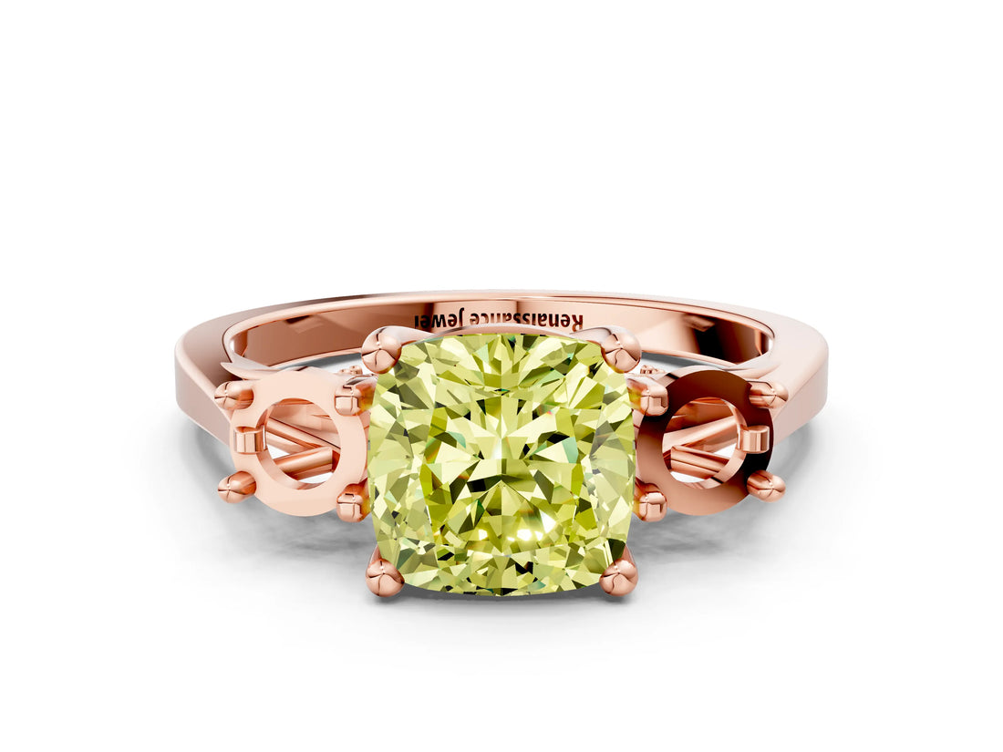 Rose gold Fancy Yellow Cushion Cut Diamond Three-Stone Engagement Ring with Prong Setting and Pavé Band