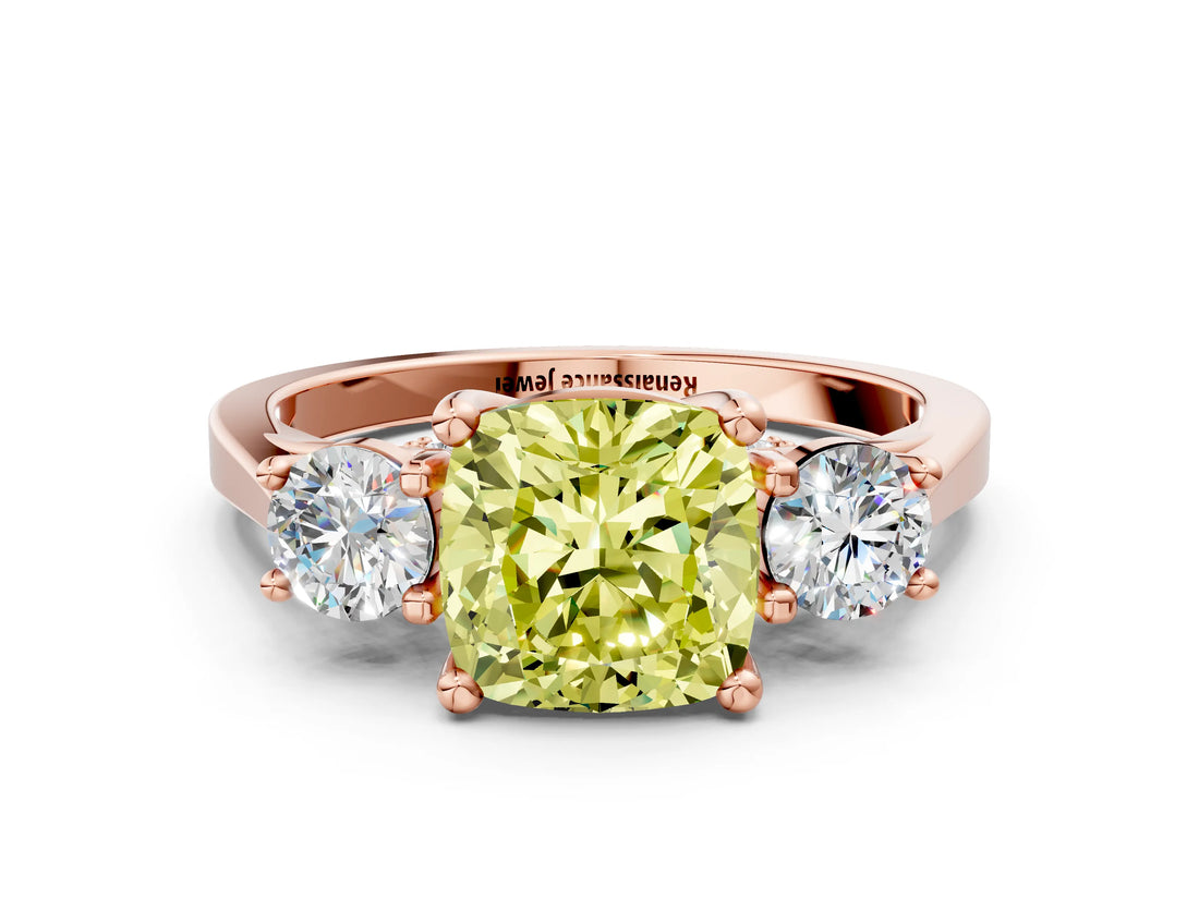 Rose gold Fancy Yellow Cushion Cut Diamond Three-Stone Engagement Ring with Prong Setting and Pavé Band_12