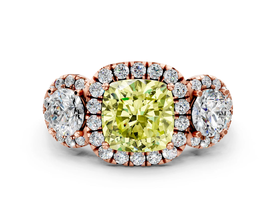 Rose gold Fancy Yellow Cushion Cut Diamond Three-Stone Halo Ring with Prong Setting and Pavé Accents