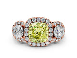 Rose gold Fancy Yellow Cushion Cut Diamond Three-Stone Halo Ring with Prong Setting and Pavé Accents