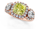 Rose gold Fancy Yellow Cushion Cut Diamond Three-Stone Halo Ring with Prong Setting and Pavé Accents_1