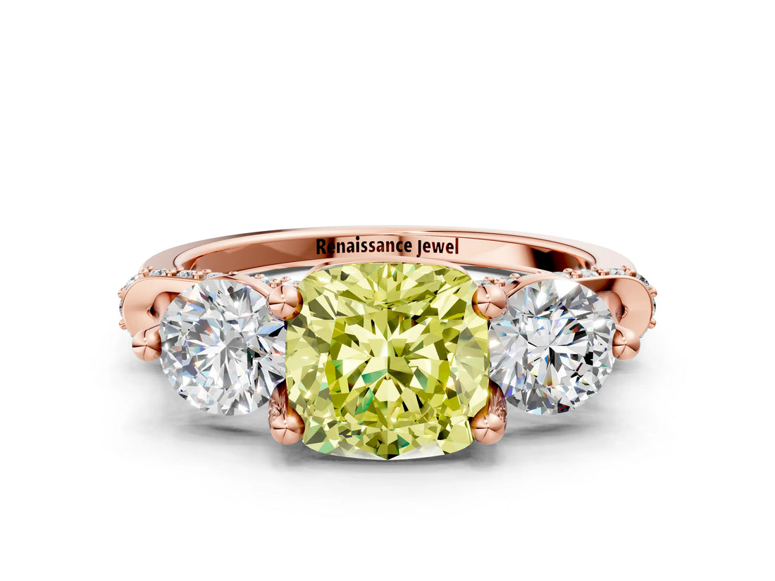 Rose gold Fancy Yellow Cushion Cut Diamond Three-Stone Ring with Prong Setting and Pavé Band