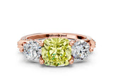 Rose gold Fancy Yellow Cushion Cut Diamond Three-Stone Ring with Prong Setting and Pavé Band