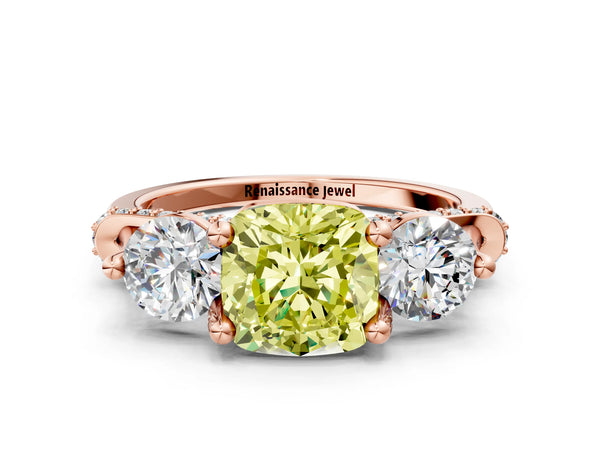 Rose Gold Cushion Cut Curved Pave Three Stone Engagement Ring Setting for Fancy Yellow Center