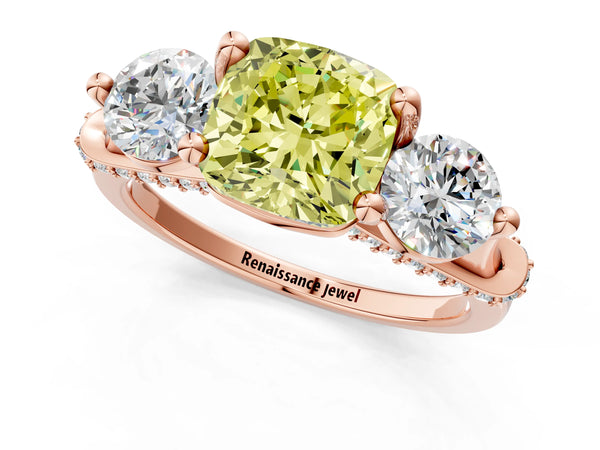Rose Gold Cushion Cut Curved Pave Three Stone Engagement Ring Setting for Fancy Yellow Center