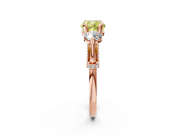 Rose Gold Cushion Cut Curved Pave Three Stone Engagement Ring Setting for Fancy Yellow Center