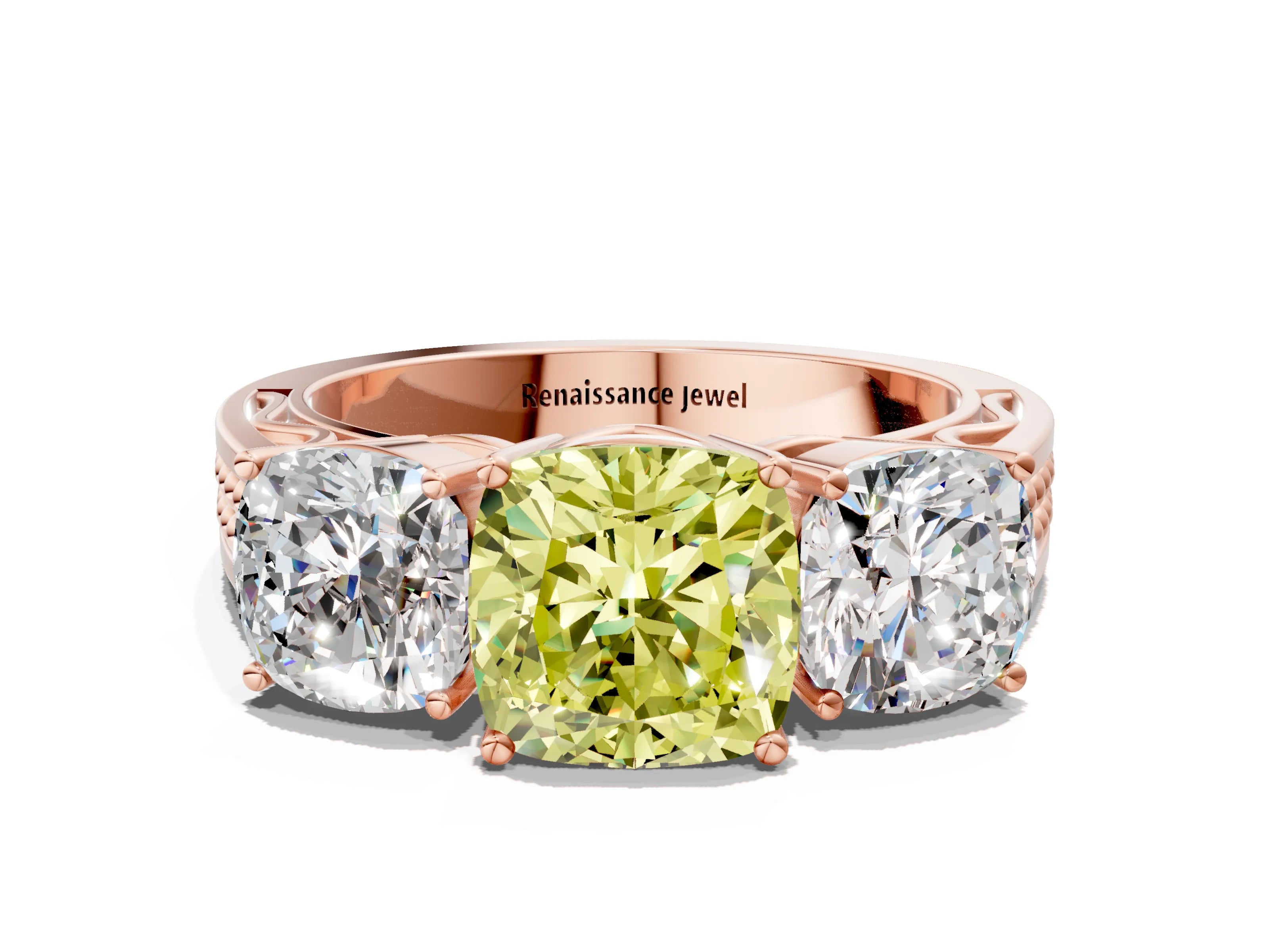 Rose gold Fancy Yellow Cushion Cut Diamond Three-Stone Ring with Prong Setting and Textured Band