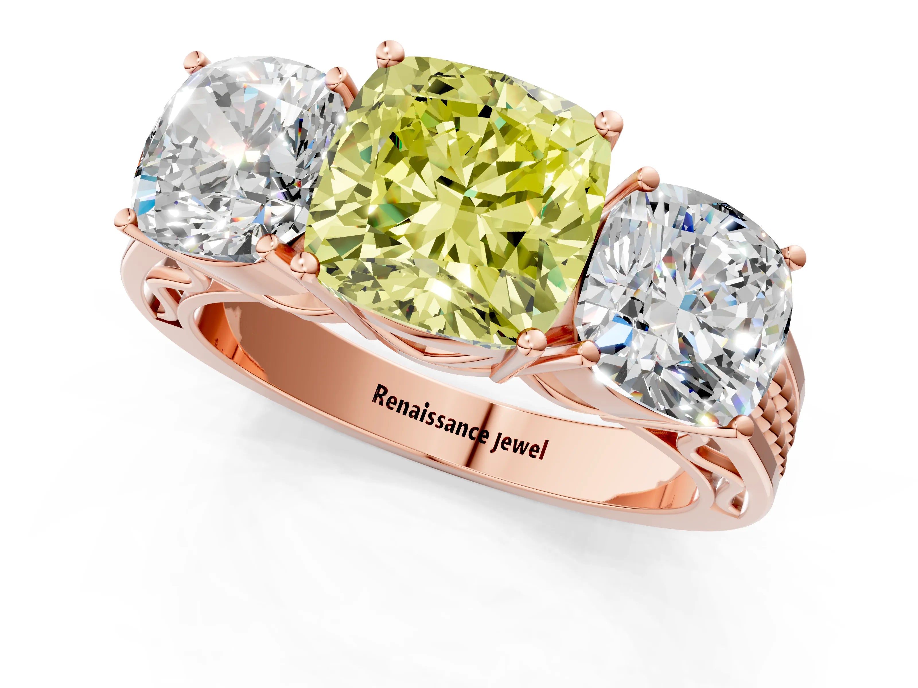 Rose gold Fancy Yellow Cushion Cut Diamond Three-Stone Ring with Prong Setting and Textured Band_1