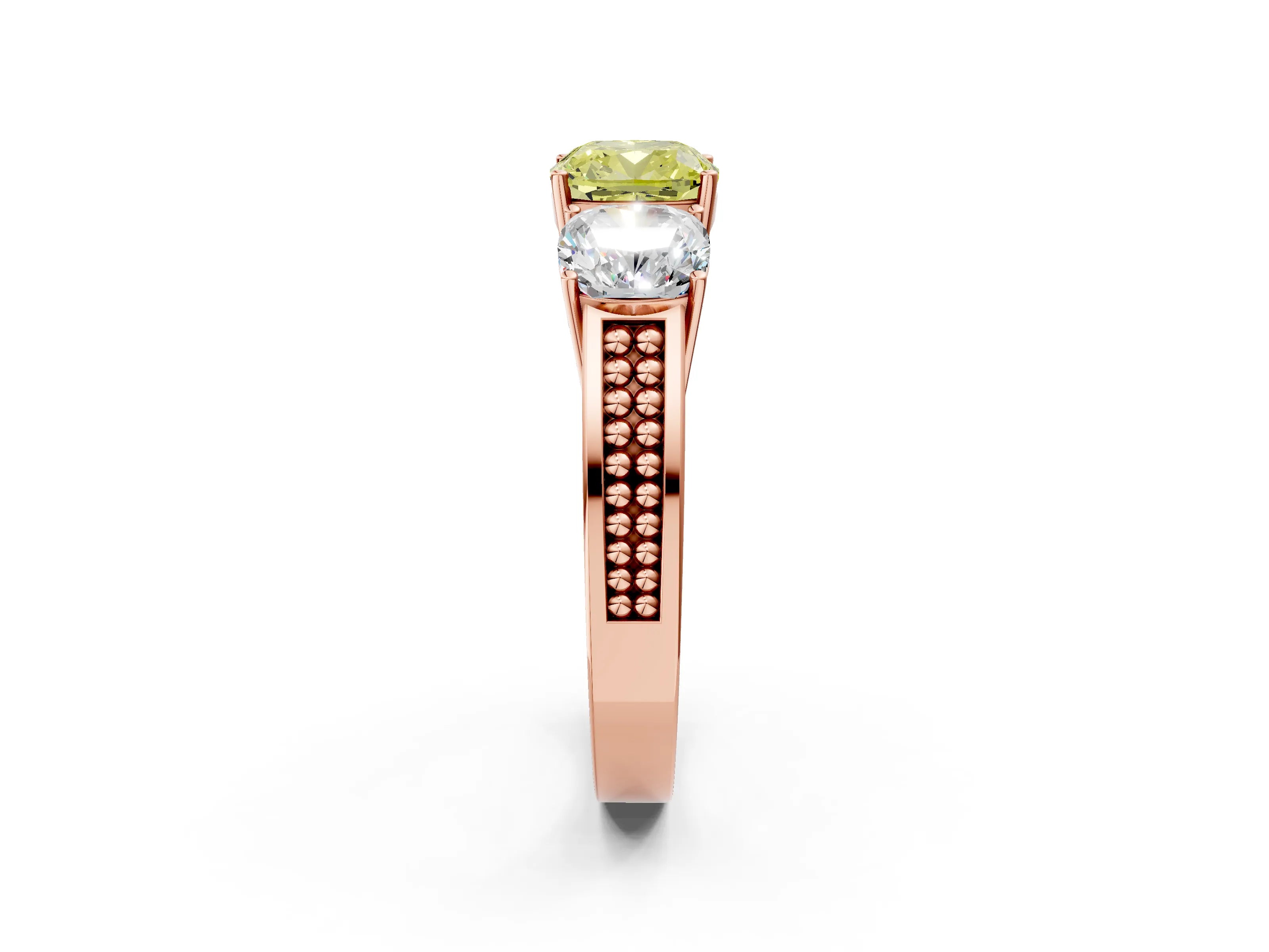 Rose gold Fancy Yellow Cushion Cut Diamond Three-Stone Ring with Prong Setting and Textured Band_2