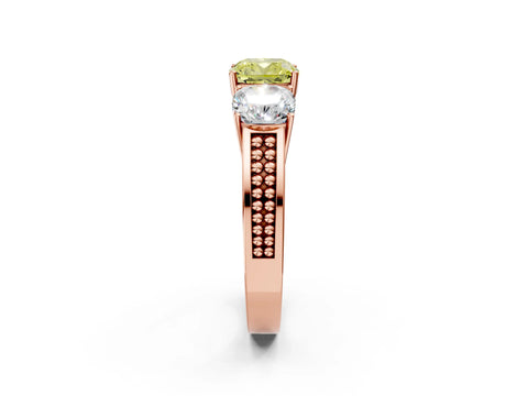 Rose gold Fancy Yellow Cushion Cut Diamond Three-Stone Ring with Prong Setting and Textured Band_2