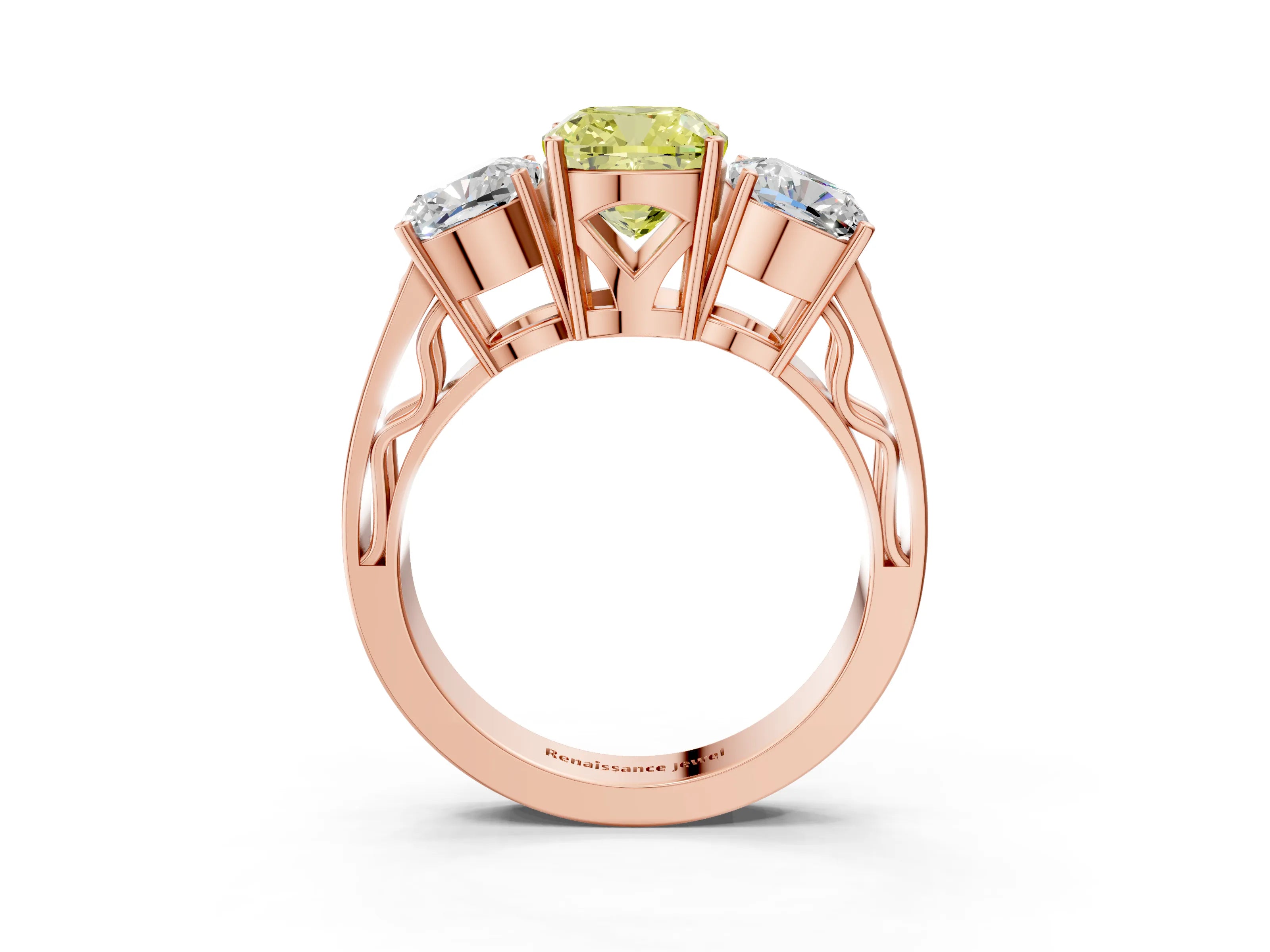 Rose gold Fancy Yellow Cushion Cut Diamond Three-Stone Ring with Prong Setting and Textured Band_3