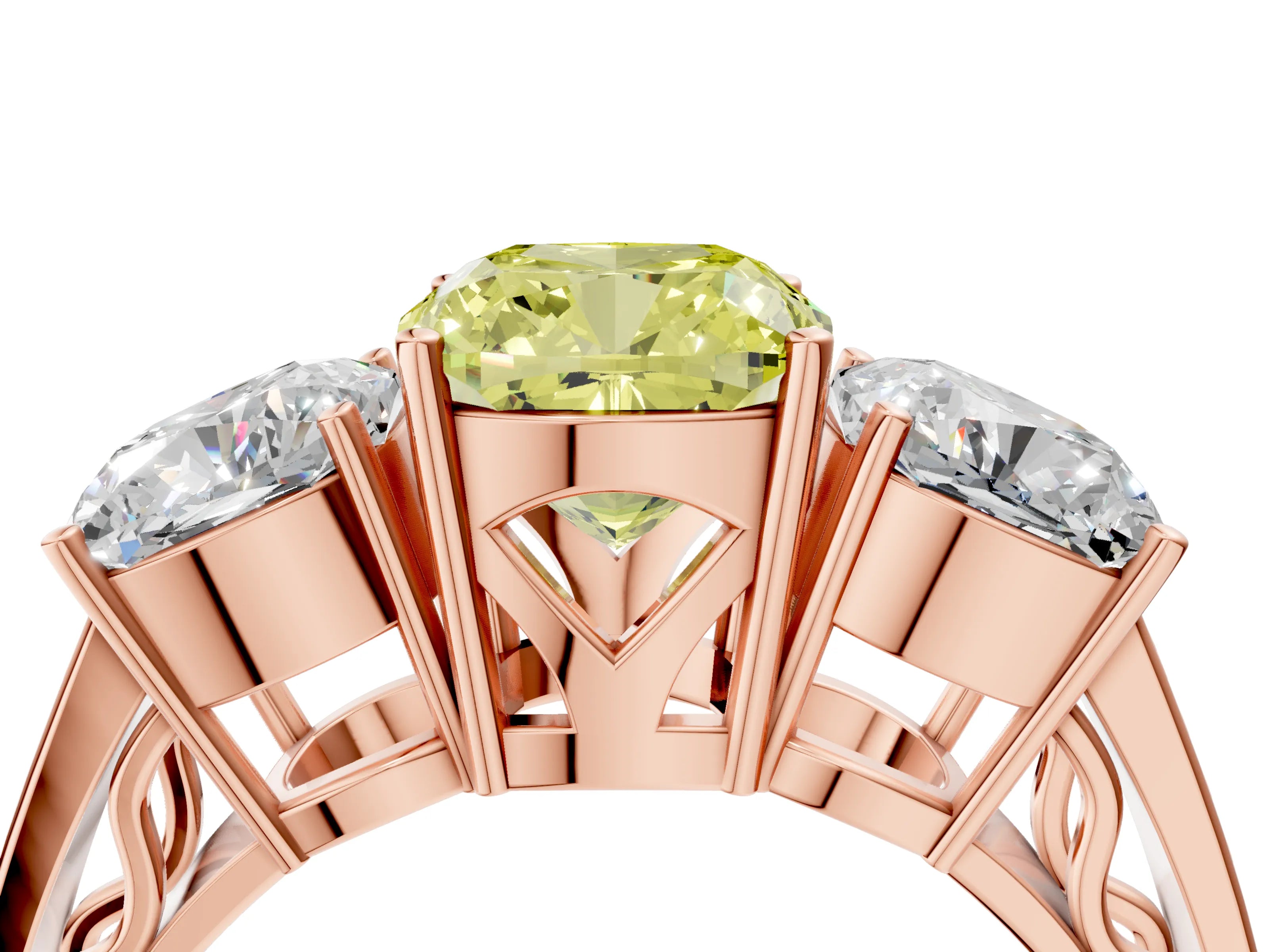 Rose gold Fancy Yellow Cushion Cut Diamond Three-Stone Ring with Prong Setting and Textured Band_4