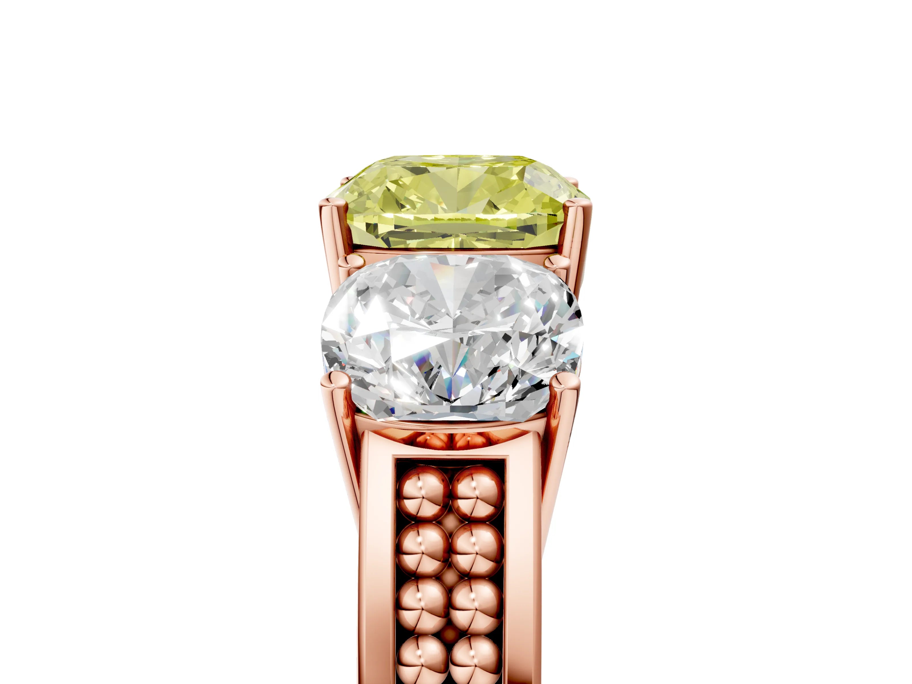 Rose gold Fancy Yellow Cushion Cut Diamond Three-Stone Ring with Prong Setting and Textured Band_5