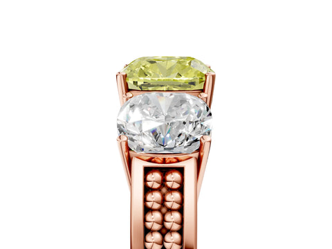 Rose gold Fancy Yellow Cushion Cut Diamond Three-Stone Ring with Prong Setting and Textured Band_5