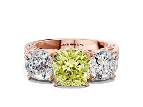 Rose gold Fancy Yellow Cushion Cut Diamond Three-Stone Ring with Prong Setting and Textured Band