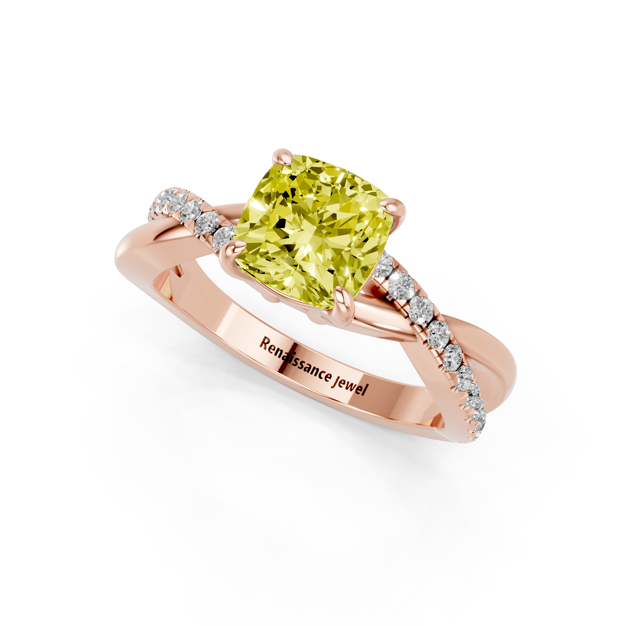 Rose gold Fancy Yellow Cushion  Cut Diamond Twist Band Solitaire with Prong Setting_3