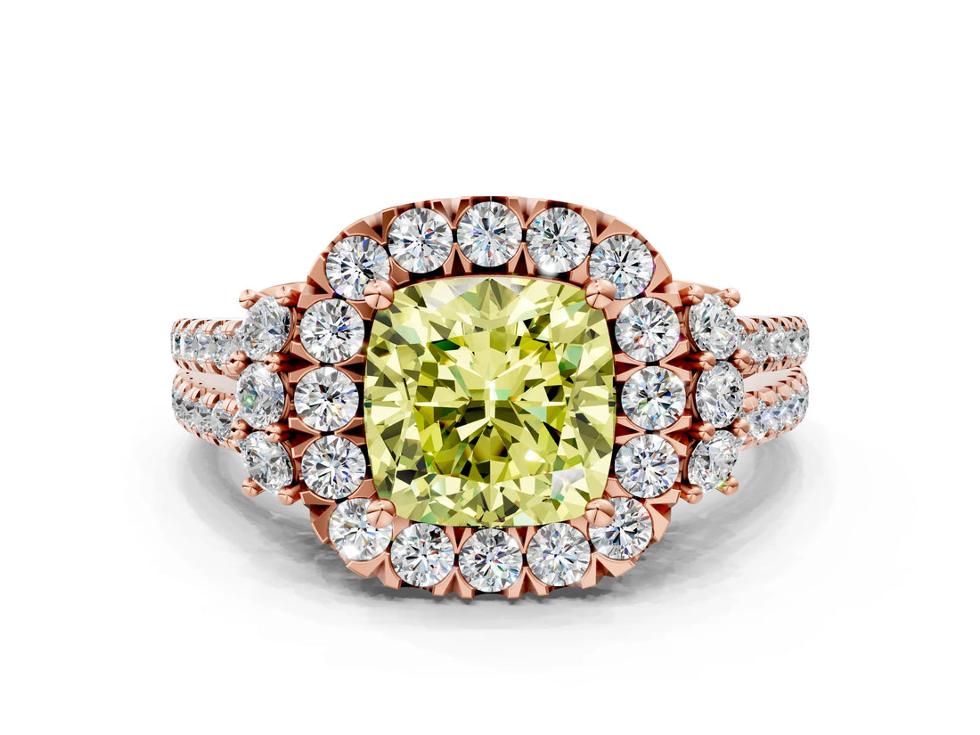 Rose gold Fancy Yellow Cushion  Cut Double Halo Diamond Engagement Ring with Pave Band and Four-Prong Setting_26