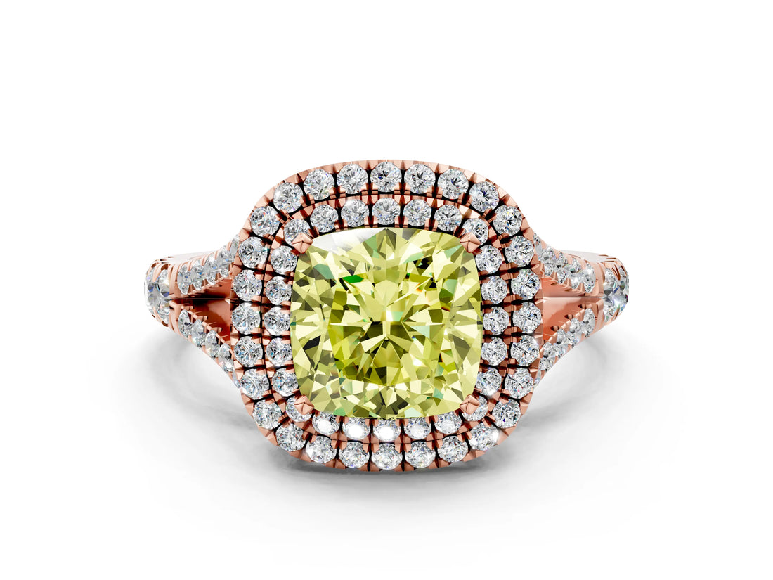 Rose gold Fancy Yellow Cushion  Cut Double Halo Split Shank Diamond Ring with Prong Setting_49