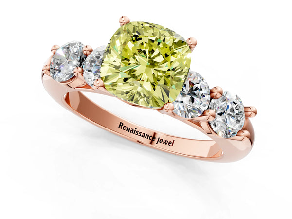 Rose gold Fancy Yellow Cushion  Cut Five-Stone Prong Set Diamond Ring with Classic Band