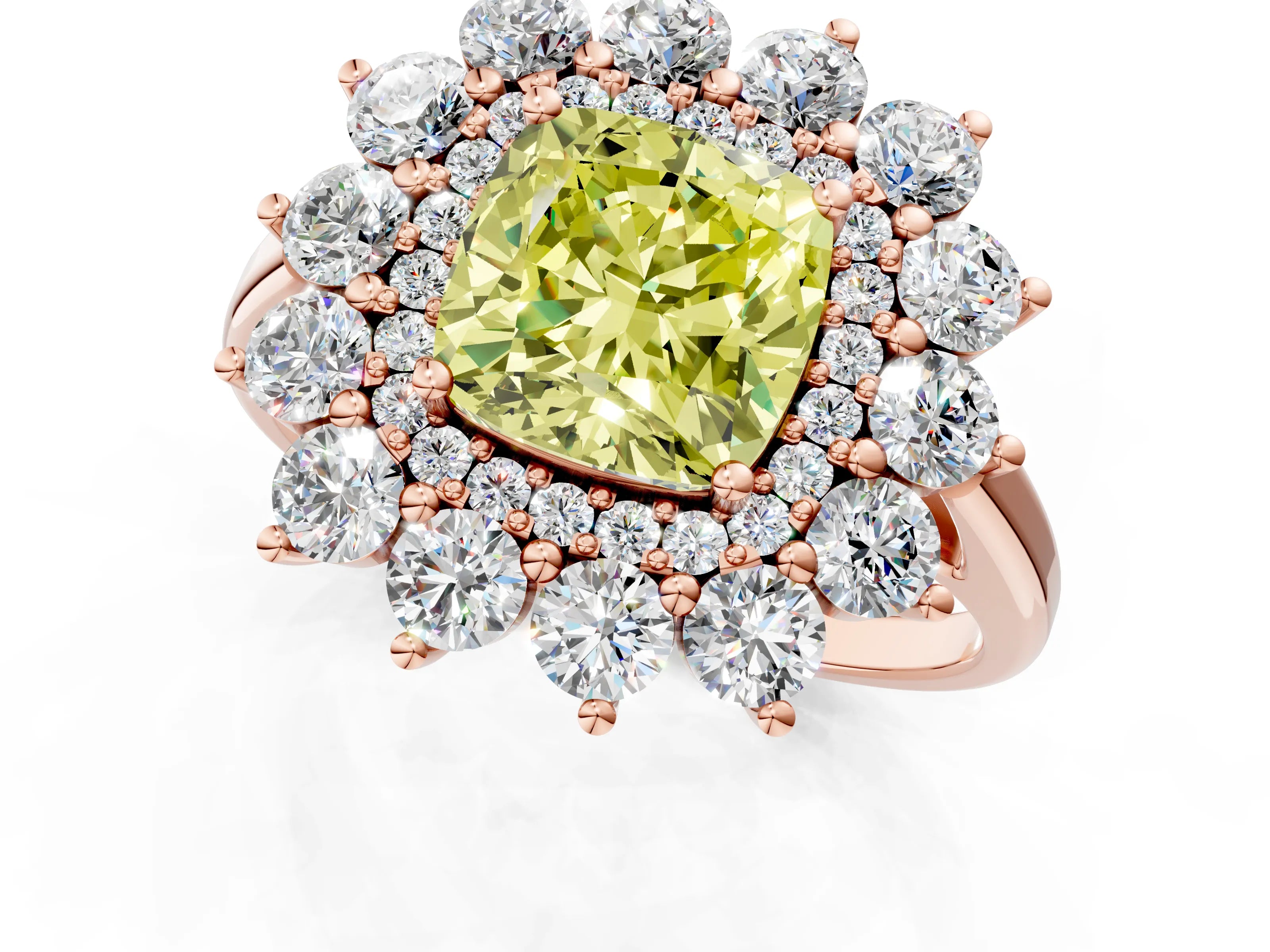 Rose gold Fancy Yellow Cushion Cut Halo Cluster Diamond Ring with Pave Band and Four-Prong Setting_1