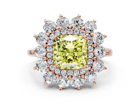 Rose gold Fancy Yellow Cushion Cut Halo Cluster Diamond Ring with Pave Band and Four-Prong Setting_12