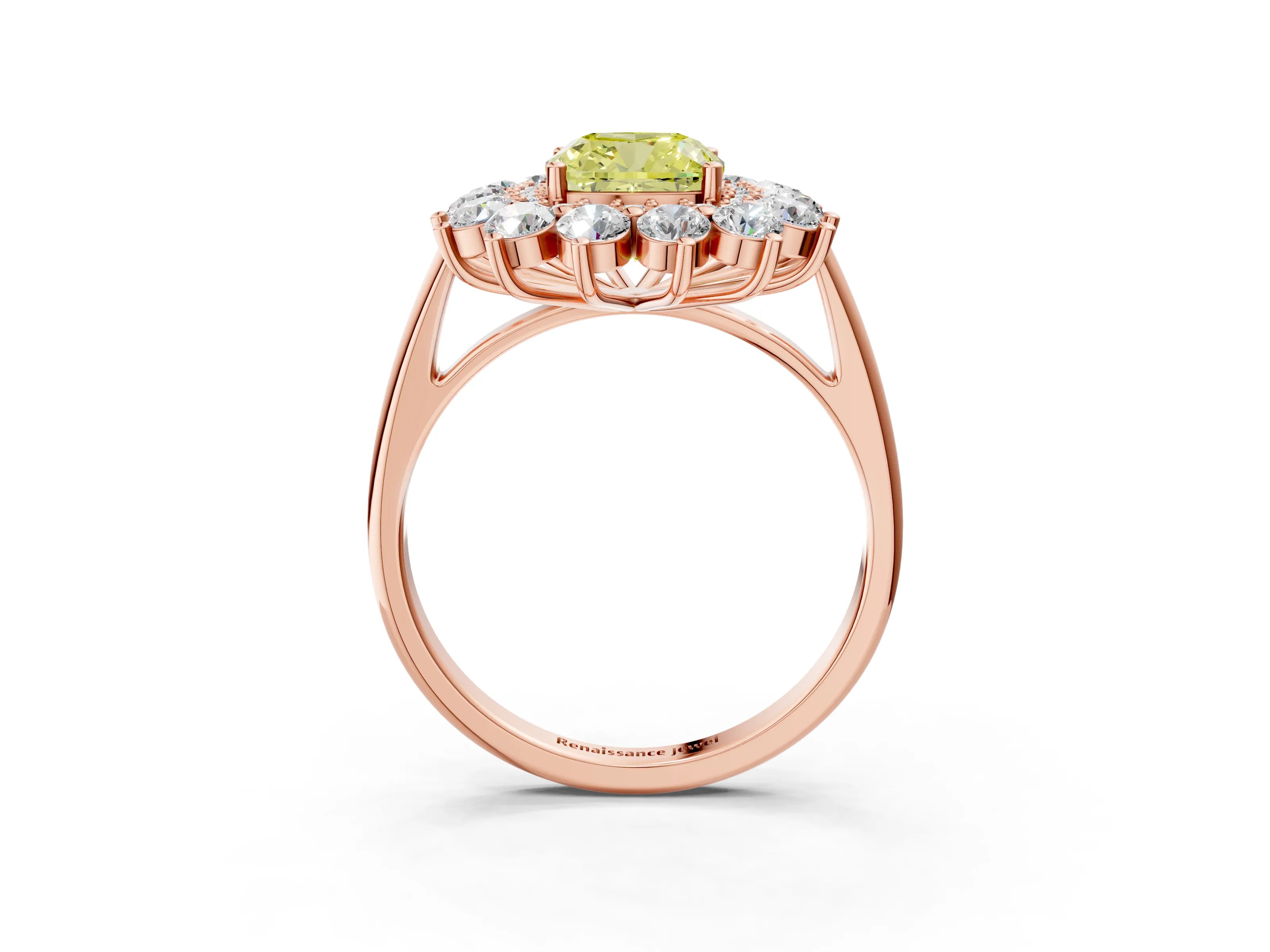 Rose gold Fancy Yellow Cushion Cut Halo Cluster Diamond Ring with Pave Band and Four-Prong Setting_15