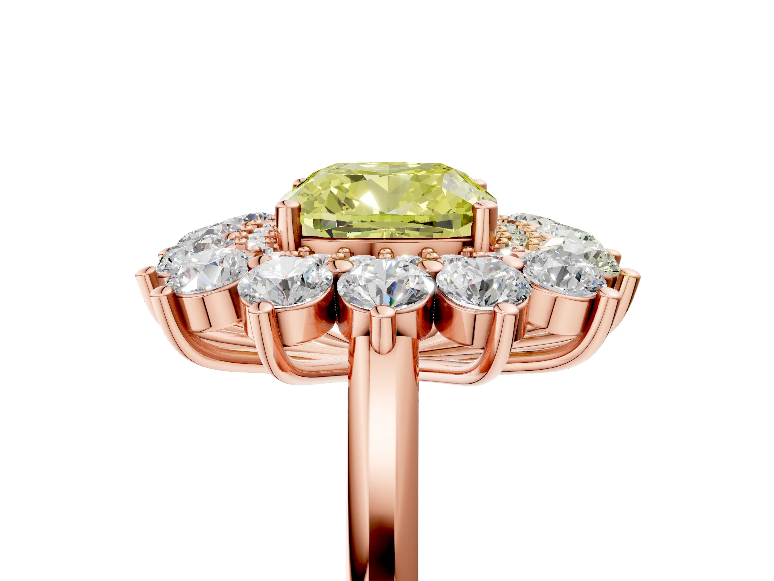 Rose gold Fancy Yellow Cushion Cut Halo Cluster Diamond Ring with Pave Band and Four-Prong Setting_17