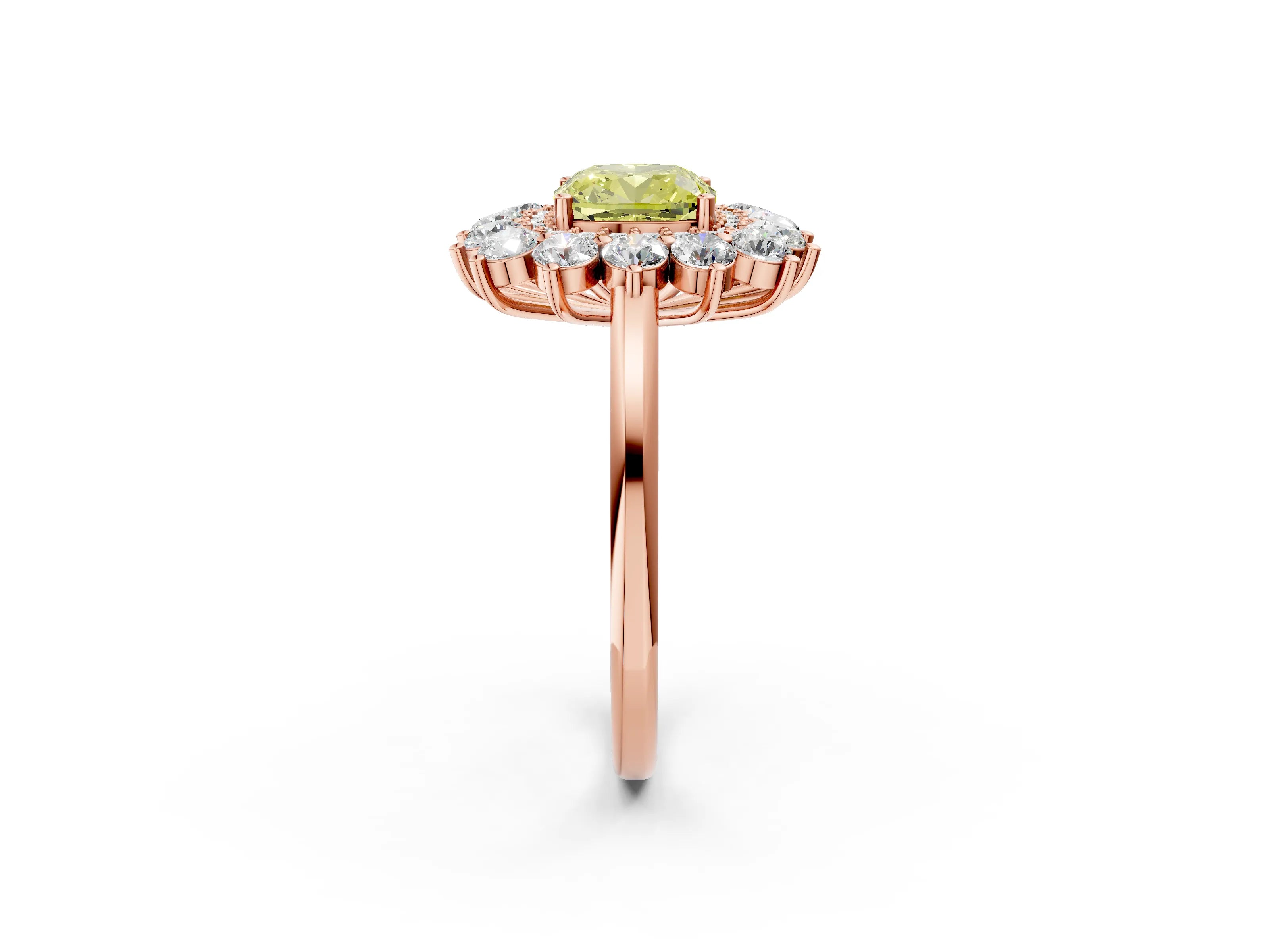 Rose gold Fancy Yellow Cushion Cut Halo Cluster Diamond Ring with Pave Band and Four-Prong Setting_2