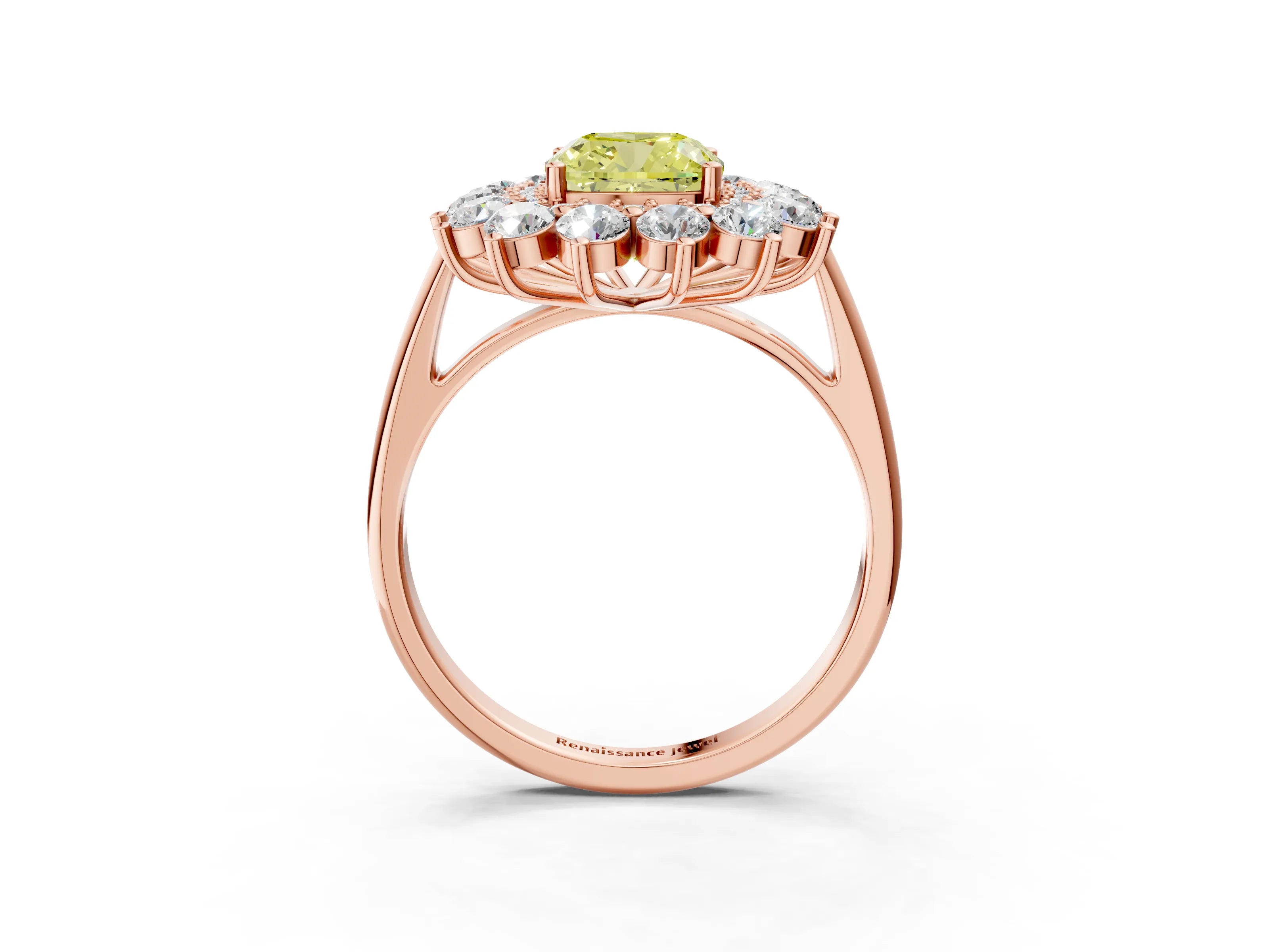 Rose gold Fancy Yellow Cushion Cut Halo Cluster Diamond Ring with Pave Band and Four-Prong Setting_3