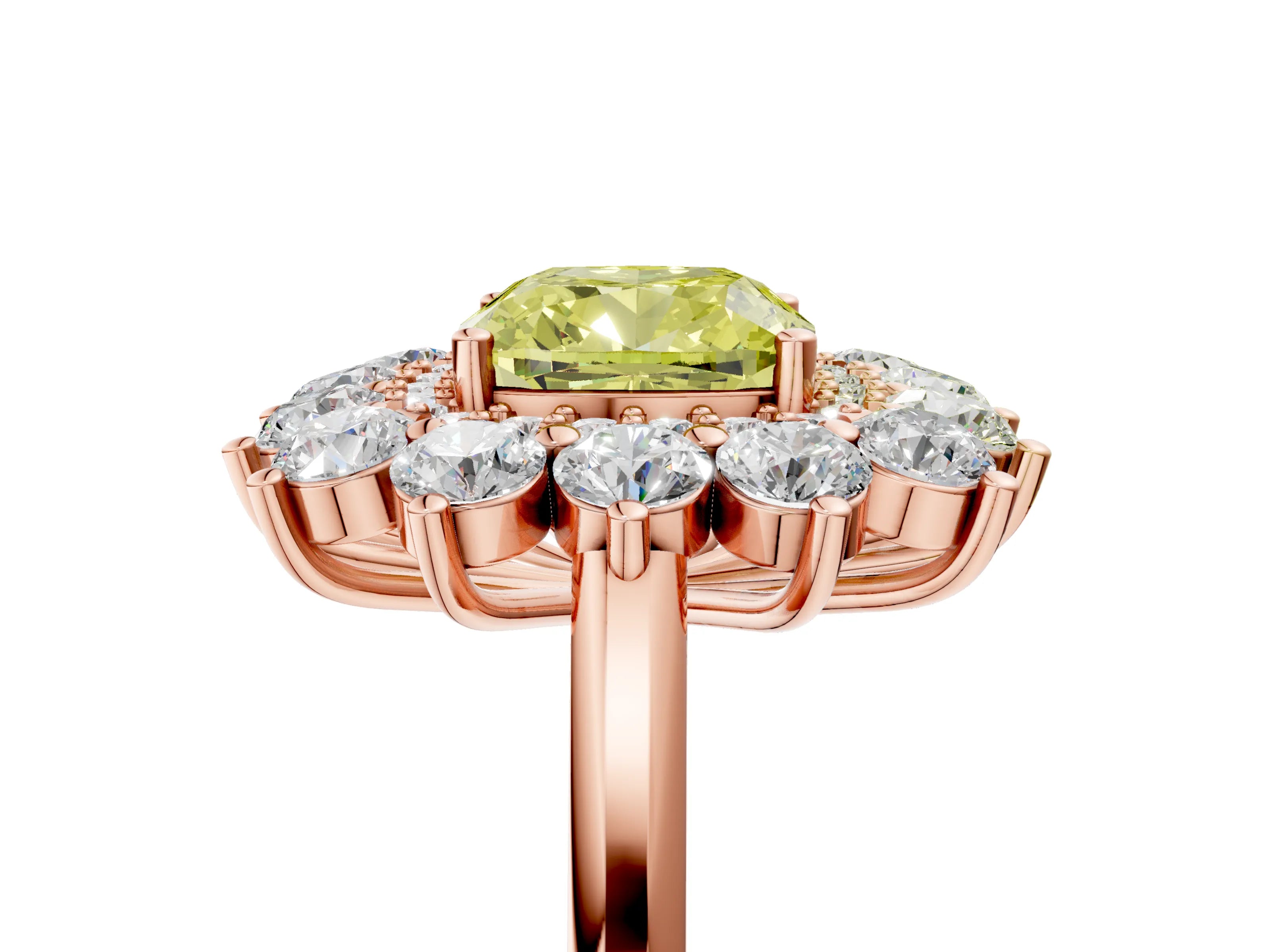 Rose gold Fancy Yellow Cushion Cut Halo Cluster Diamond Ring with Pave Band and Four-Prong Setting_5