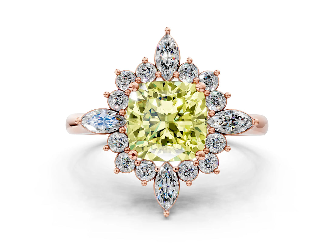 Rose gold Fancy Yellow Cushion Cut Halo Diamond Cluster Ring with Marquise and Round Stones on a White Gold Band with Prong Setting