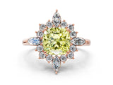 Rose gold Fancy Yellow Cushion Cut Halo Diamond Cluster Ring with Marquise and Round Stones on a White Gold Band with Prong Setting
