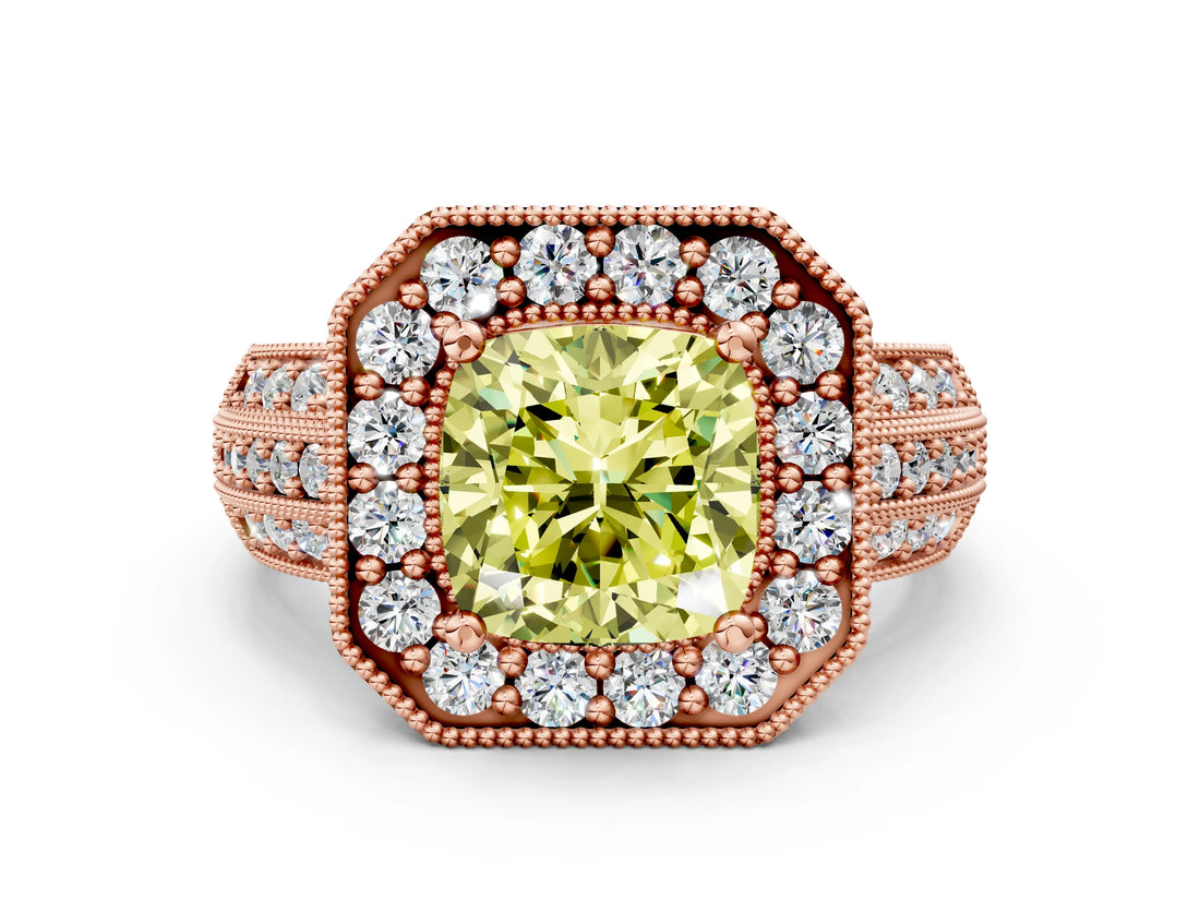 Rose gold Fancy Yellow Cushion Cut Halo Diamond Engagement Ring with Pave Split Shank and Four-Prong Setting