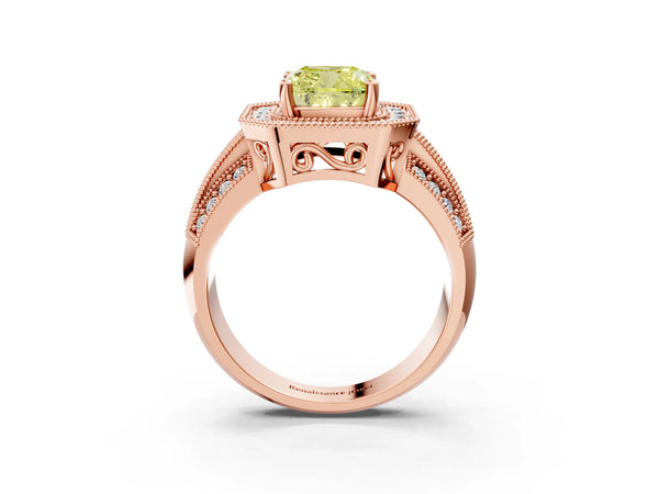 Rose gold Fancy Yellow Cushion Cut Halo Diamond Engagement Ring with Pave Split Shank and Four-Prong Setting