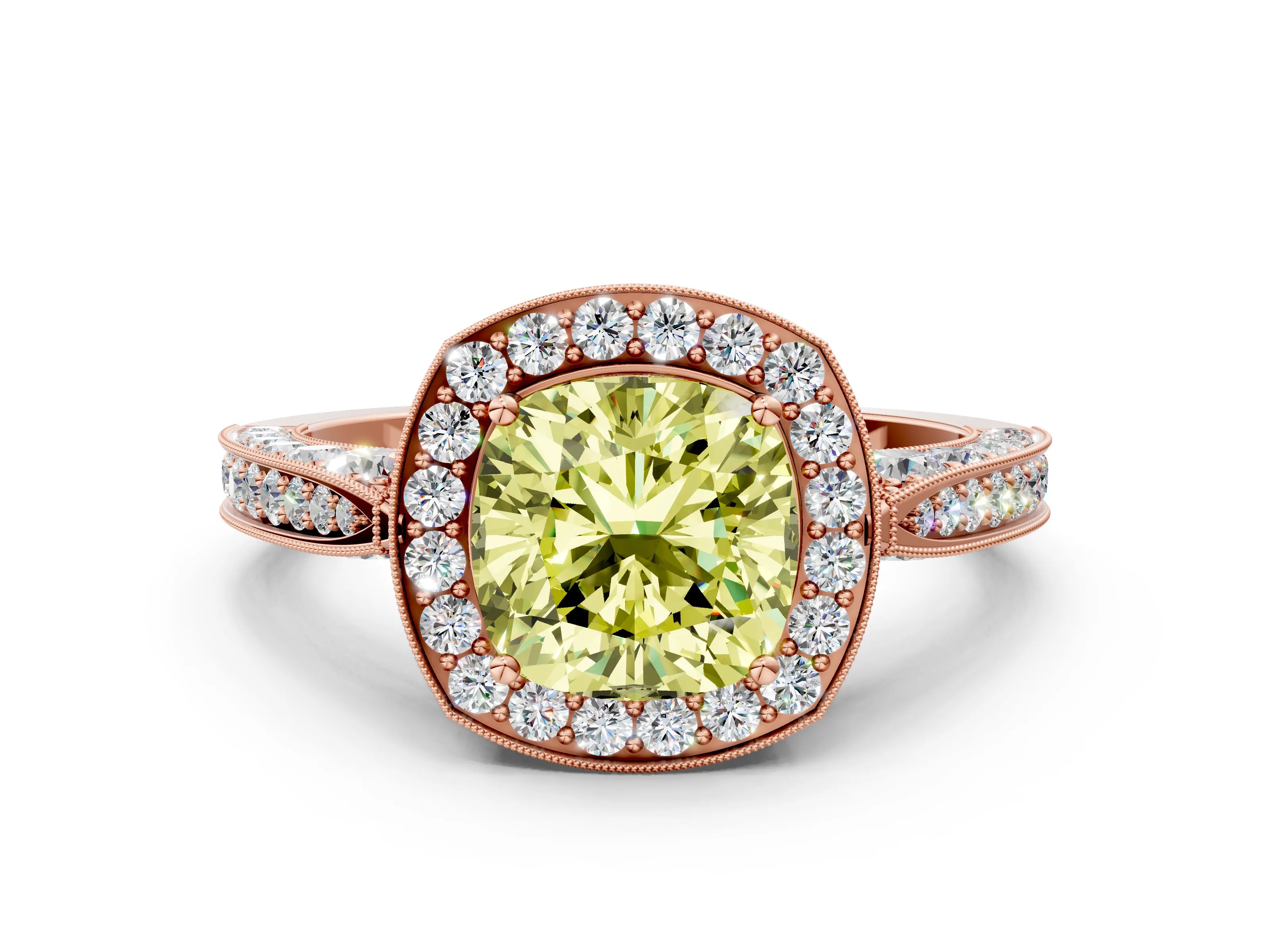 Rose gold Fancy Yellow Cushion Cut Halo Diamond Engagement Ring with Split Shank Band and Four-Prong Setting