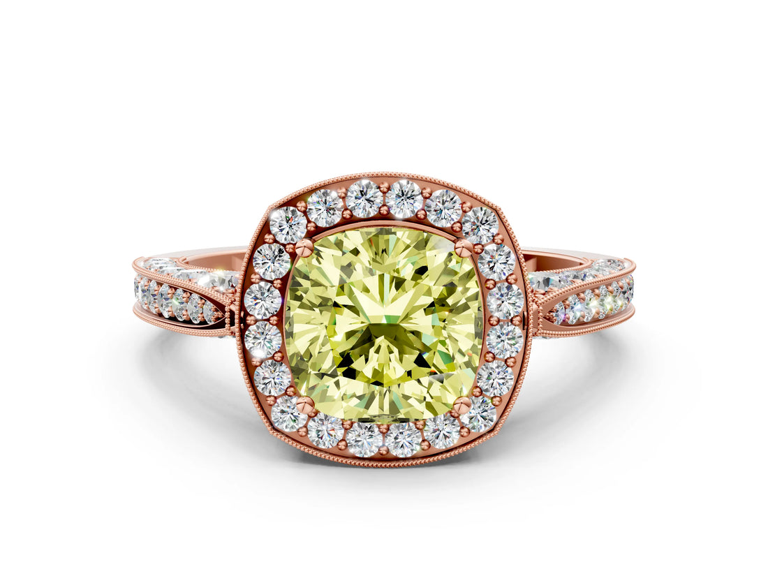 Rose gold Fancy Yellow Cushion Cut Halo Diamond Engagement Ring with Split Shank Band and Four-Prong Setting